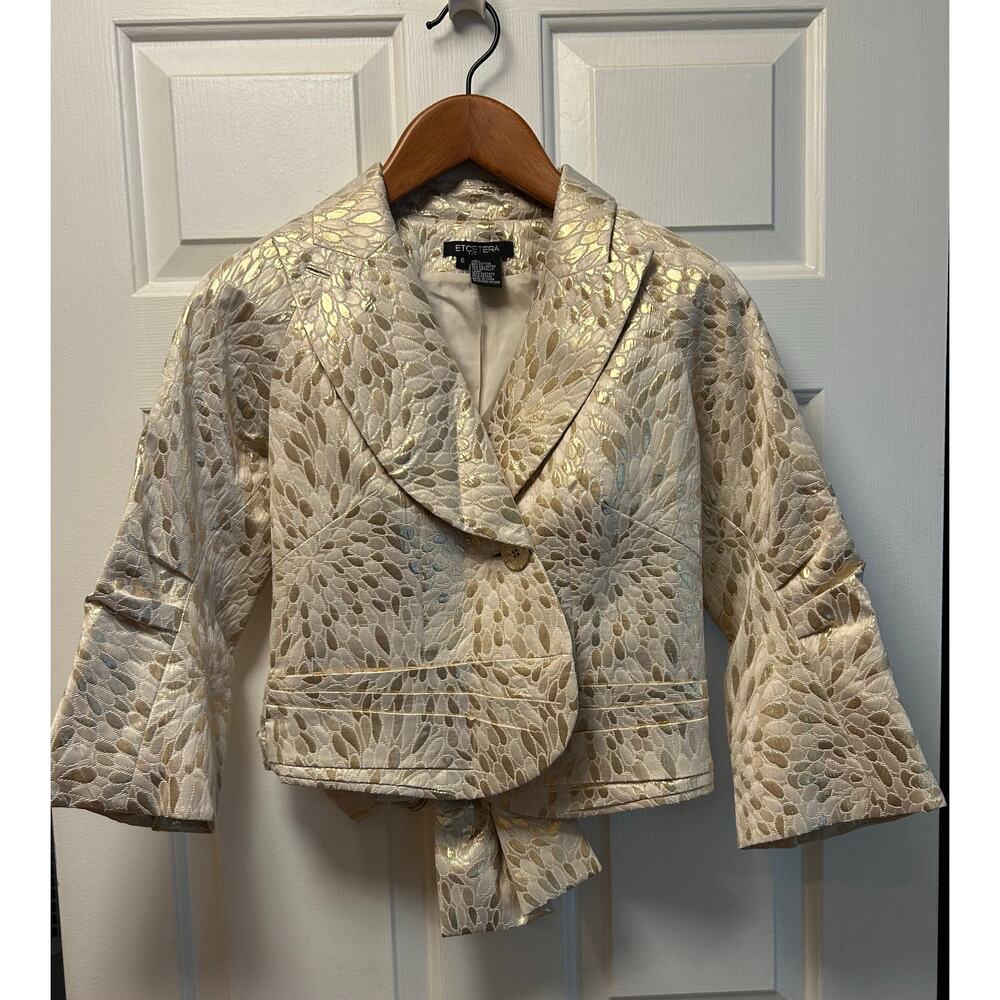Etcetera Big Bow Jacket in Cream and Gold Designer Statement Piece, Size 6